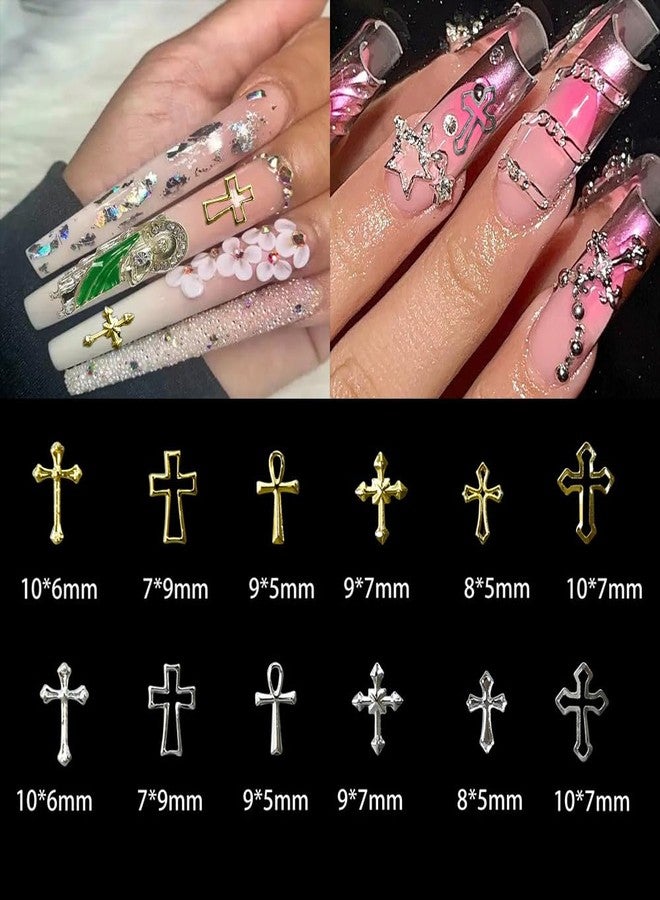 KACHIMOO 3D Cross Nail Charms, Gold Cross Charms for Nail Art Vintage Punk Metal Alloy Gold Silver Cross Nail Decorations for Gel Polish Supplies Accessories - Image 2